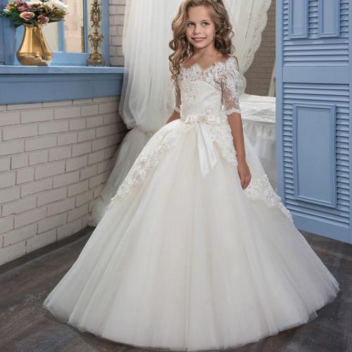 Children's Wear New White Lace Vintage Off-Shoulder Long-Sleeved Dress Flower Girl's Dress