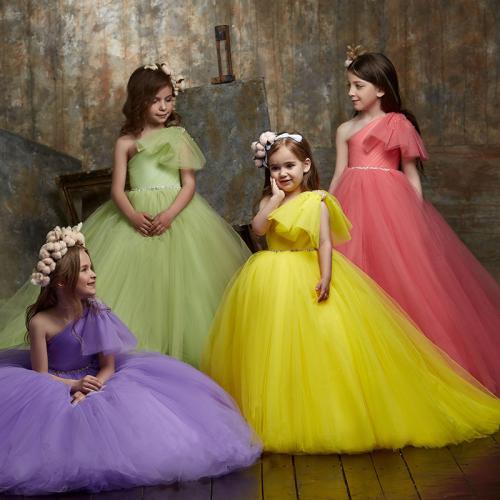 New Shoulder Bow Court Princess Style Performance Ball Birthday Flower Girl Wedding Dress Tow