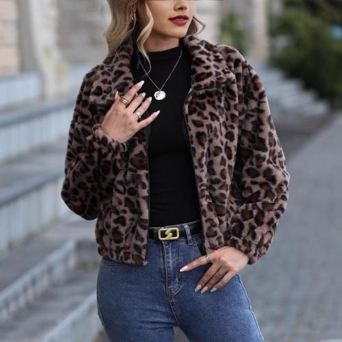 2024  Autumn and Winter New Loose Zipper Long Sleeve Leopard Plush Jacket for Women