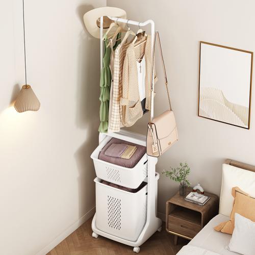 Storage clothes hanging rack bathroom laundry basket floor hanger integrated mobile small coat rack