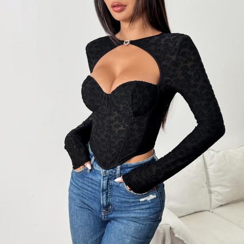 Long sleeve black flocking street low-cut fishbone diamond waist top