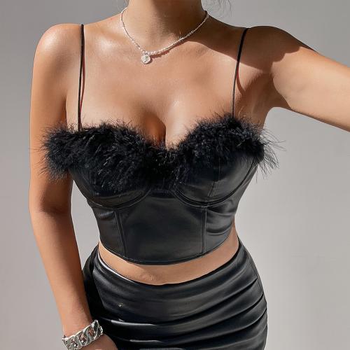 Fashionable Sexy Chic PU Leather Stitching Feather Buckle Fishbone Navel Small Top