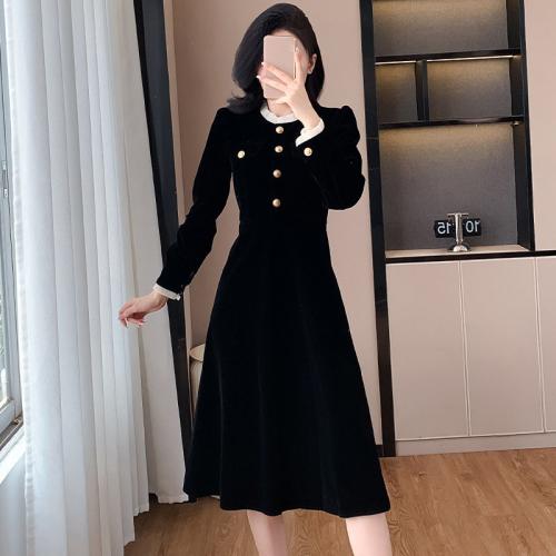 Velvet dress High-end Fine French-style Thin-looking Dress with Tight Waist Small Black Dress