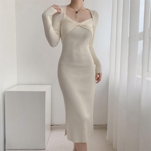 Brown twisted wool knitted dress autumn and winter long sweater hip skirt