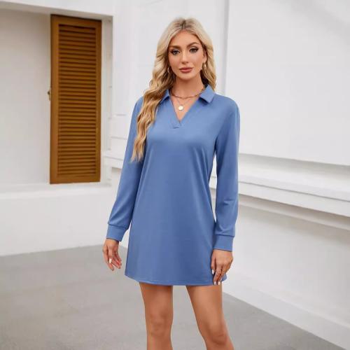 2024 women's Polo collar long sleeve casual solid color sports sweater dress