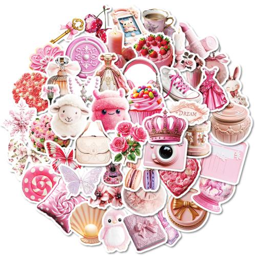 50 New Pink Mix and Match Graffiti Stickers Camera Flower Cake Not Repeated Waterproof Decorative Stickers