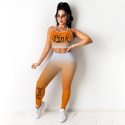 Fashion Women's Casual Suit Gradient Color Printing Slim Style Casual Sports Two-piece Set