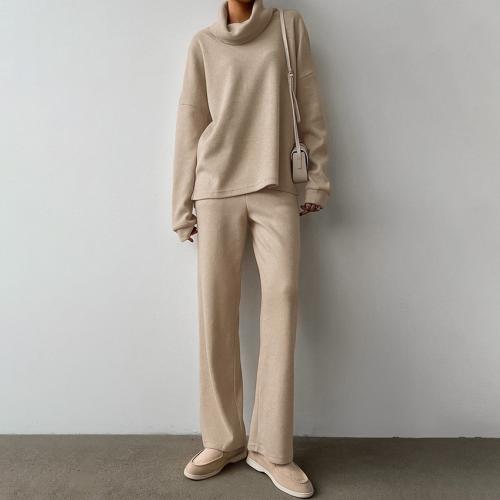 Autumn and Winter khaki Turtleneck Knitted Sweater suit Women's Simple Casual Shirt Pants Two-piece