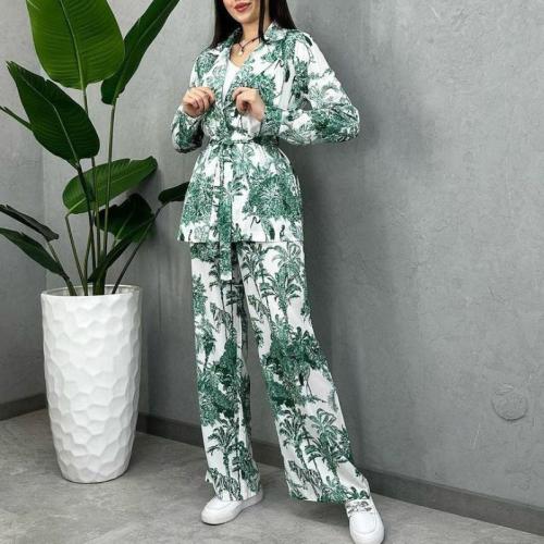 Digital printing suit women's long sleeve loose lace-up fashion casual two-piece set