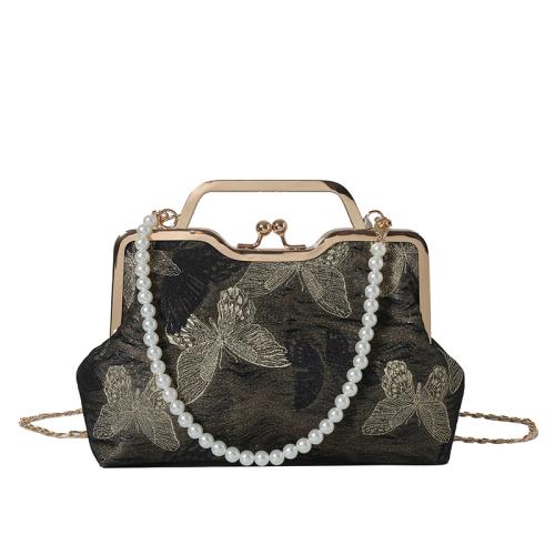 New Gold Silk Embroidery Jacquard Butterfly Clip Bag Antique Pearl Handbag Crossbody Bag