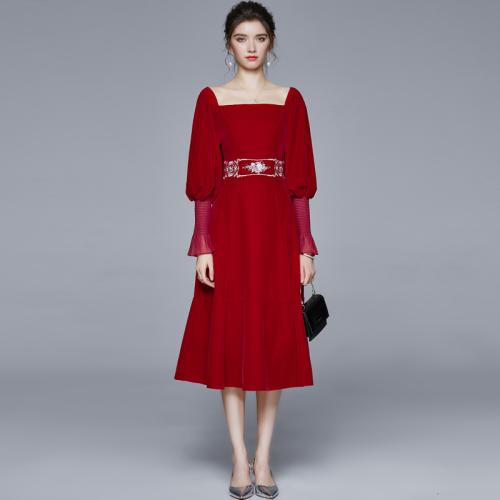 Cinnabar red embroidered Dress lantern long sleeve velvet slim autumn dress