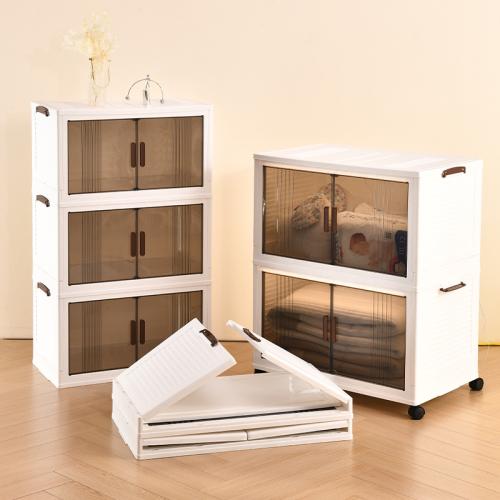 Floor Plastic Folding Storage Cabinet with Wheels Large Capacity Transparent Cabinet Toy Storage