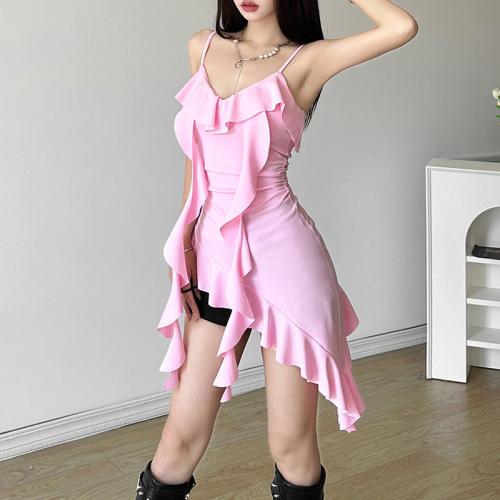 Summer New Women's Solid Color Slim-fit Fashion V-neck Sling with Lotus Leaf Slant dress