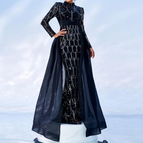 New Long Sleeve Round Neck Long Sequin Banquet Cape Fishtail Evening Dress Bridesmaid Dress