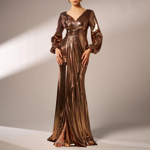 New Elegant V-neck Long Sleeve Long Bronzing Banquet Hip Evening Dress Bridesmaid Dress