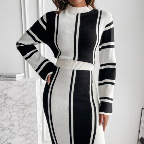 Sweater Dress Long Striped Crewneck Casual Women's Knitted Dress