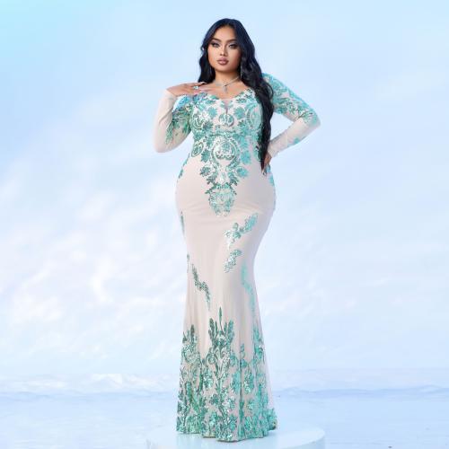 Plus size Women's Long Long Sleeve V-neck Banquet Sequin Fishtail Evening Dress