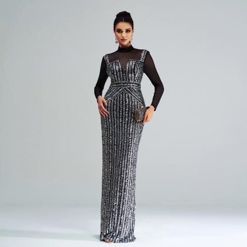 New High-grade Long-sleeved Round Neck Slim-fit Hip Banquet Sequin Fishtail Evening Dress