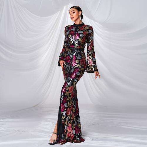 Middle East New High-end Long Sleeve Round Neck Banquet Sequin Fishtail Evening Dress