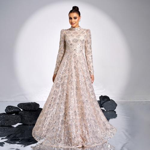 Long-sleeved Elegant Round Neck Sexy Long Sequin Banquet Evening Dress Bridesmaid Dress