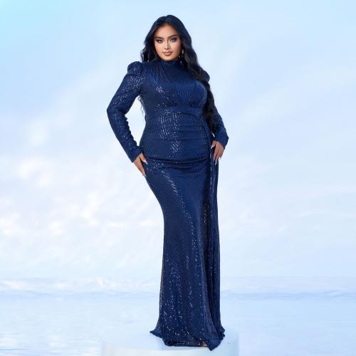 Plus size Women's Long Sleeve Round Neck Banquet Sequin Fishtail Evening Dress