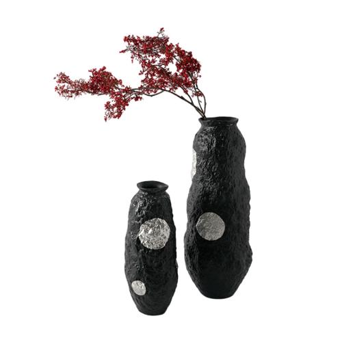 Modern Simple Creative Ceramic Black and Silver Vase Ornaments Home Soft Decorations Double Ear Chain Ceramic Pot