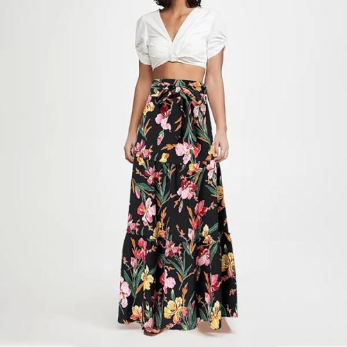 New women's bow high waist printed maxi skirt party casual pleated swing umbrella maxi skirt