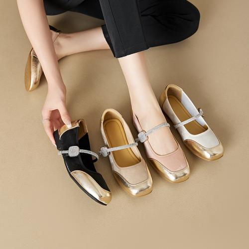 Genuine Leather Shoes Women's French Rhinestone Buckle Color-block Casual Shoes with Soft Sole