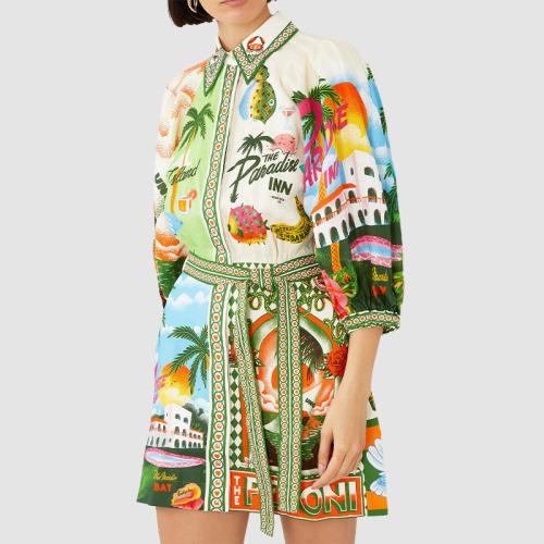 Women's Retro Printed Lantern Sleeve Fashionable Elegant Polo Collar Mini Dress