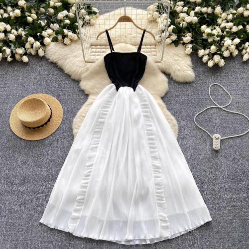 Retro Contrast Color Strapless Sling dress Women's Tight Waist Slimming Stitching Chiffon Long Dress