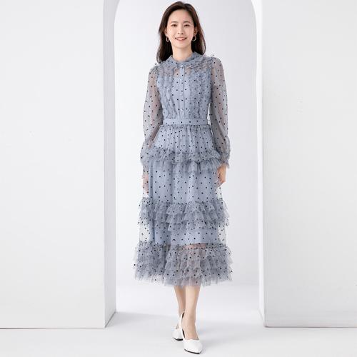 Autumn New Women's Elegant Retro Doll Collar Romantic Polka Ear Edge Cake Skirt dress