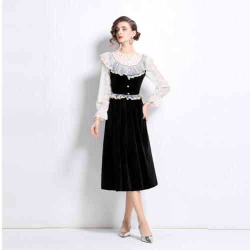 New Lace-Trimmed Black Golden Velvet dress Women's Winter French Sweet Tight Waist Trumpet Sleeve Skirt