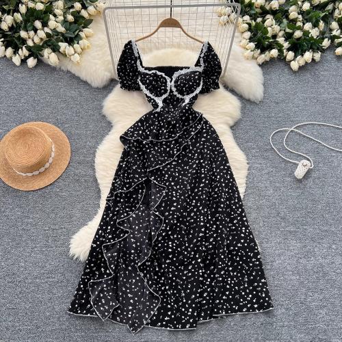 French Style dress Women's Lace Stitching Square Collar Bubble Sleeve Ruffled Floral Long Dress