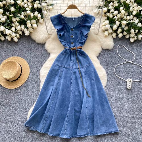 French retro design V-neck stitching single-breasted waist slimming knee Denim dress