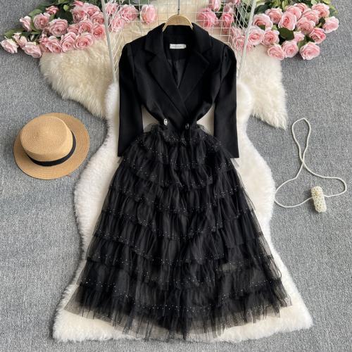 Light Luxury High-end dress Women's Autumn Elegant Mesh Stitching Skirt