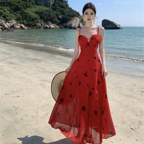 Red and Black Chiffon Floral Sling Dress Summer Vacation Dress