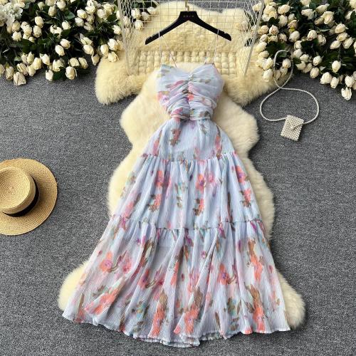 French Style Sweet dress Women's Niche Design Pleated Waist Sexy Backless Strap Floral Dress