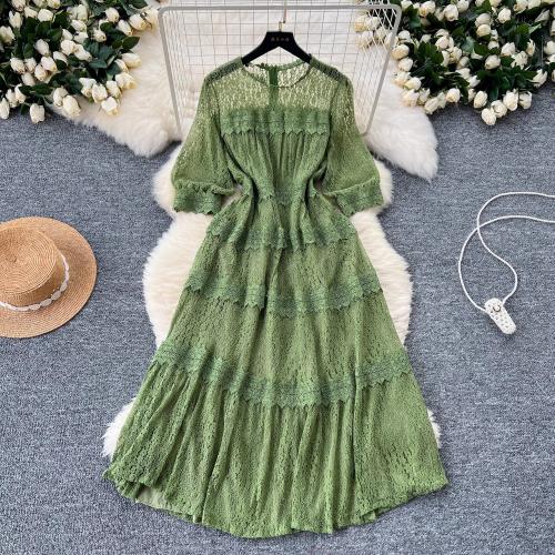 High-end Hollow-out Lace Embroidered Round Neck Half-sleeve dress Women's Elegant Waist Dress