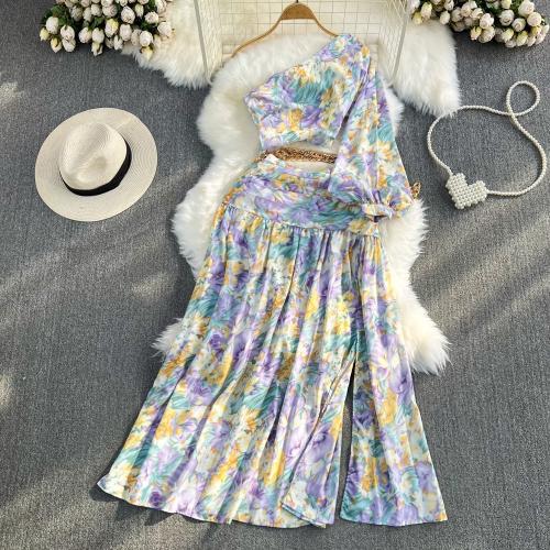 Seaside Vacation Dress Fashion Floral Oblique Collar Shoulder One-piece Dress High Waist Slimming