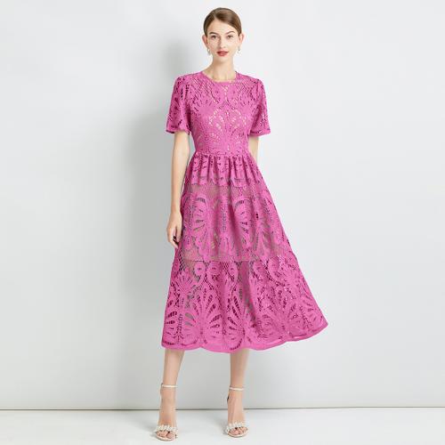 Hollow design stitching water-soluble lace waist slimming solid color dress