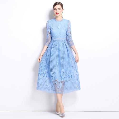 Retro High-grade Round Neck Cropped Lace dress New Slim Look Elegant Long Dress