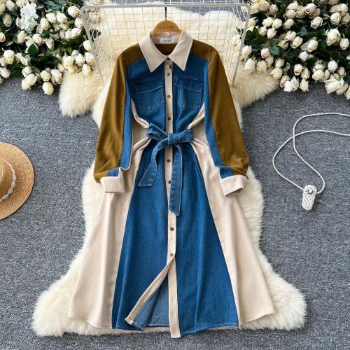 Vintage Colorblock Long-Sleeved Lapel Denim Stitching Strap Tight Waist Slimming Shirt dress