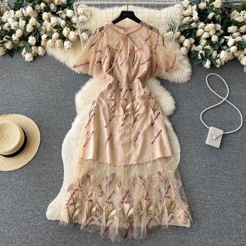 Vintage High-end Embroidered Lace Mesh Stitching Dress Elegant Round Neck Large Swing Dress