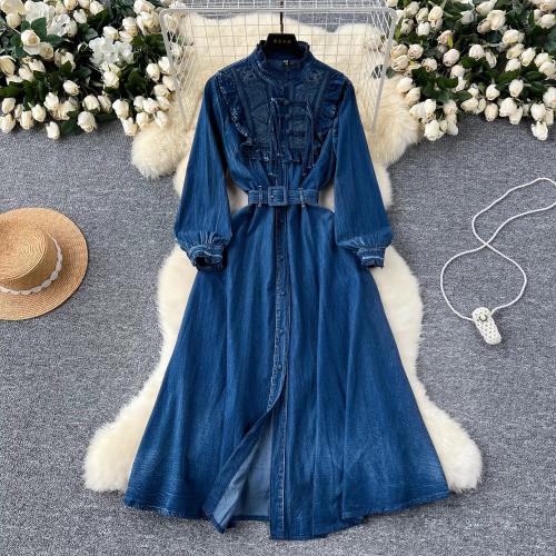 New Design Embroidery Ear Edge Vertical Collar Lantern Long Sleeve Waisted Long Denim dress