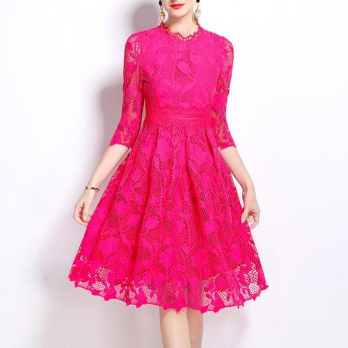 Autumn new women's long sleeve fashion slim hollow water soluble lace long dress