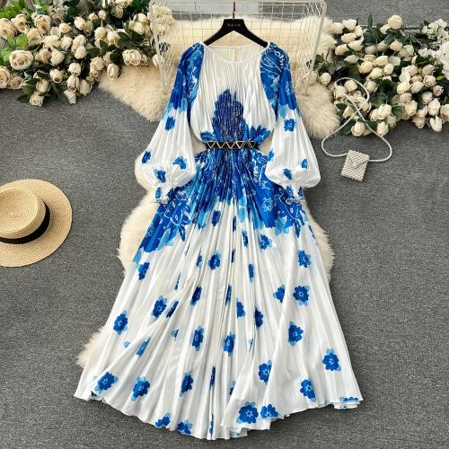 New Women's Dress Oversized Printed Pleated Pleated Waist Belt Holiday Dress