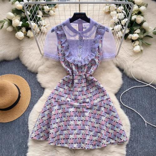 French Retro Style dress Women's High-Level Lace Stitching Puff Sleeve Dress