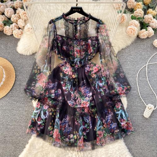 French Style Sweet Print Explosive Lantern Long-sleeved Autumn dress Women's Lace Skirt