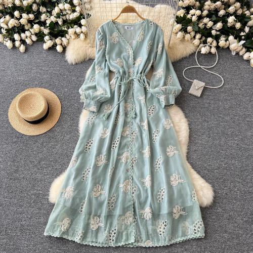 Vintage French Style Floral dress Women's Autumn Mesh Embroidered Lantern Sleeve Long Dress