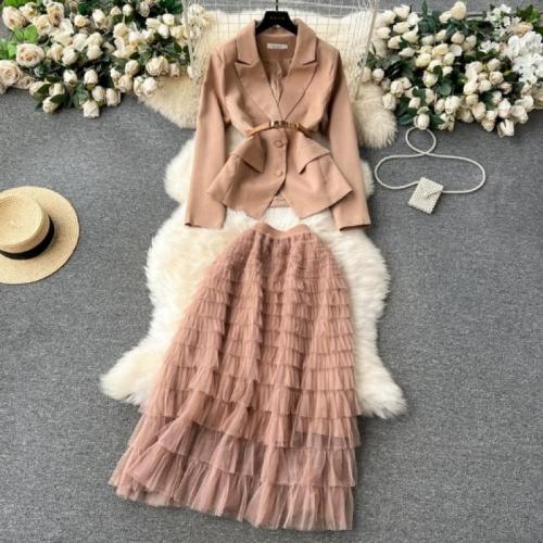 New Fashion Skirt suit Elegant Suit Jacket Two-piece High Waist Slimming Layered Mesh Skirt